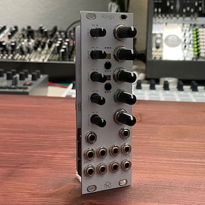 Peut inclure: Module de synthétiseur modulaire argenté, intitulé "Rings", avec plusieurs boutons et prises d'entrée/sortie. Le module comporte des boutons noirs pour régler la fréquence, la forme, la luminosité, l'amortissement et la position. Le texte "Rings" est en haut.