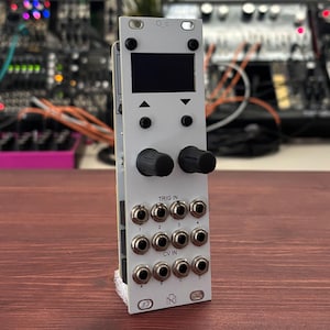 Könnte beinhalten: Ein weißes Eurorack-Modul mit einem schwarzen Bildschirm, zwei Knöpfen und einer Reihe von Buchsen mit der Beschriftung "TRIG IN" und "CV IN".
