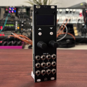 Könnte beinhalten: Schwarzes Eurorack-Modul mit einem kleinen Bildschirm, zwei Knöpfen und einem Raster mit 16 Buchsen, die mit "TRIG IN" und "CV IN" beschriftet sind.