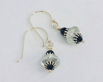 Earrings, Dangle Earrings, Dainty earrings, Green Amethyst, Black Spinel, Sterling Silver Swirls, SS French Hooks, 1 in