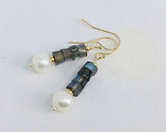 Dangle Earrings, Labradorite, Faceted beads, bead earrings, Akoya Pearls, 14k gold filled, Handmade, Rondel, French Hook, Quality