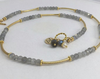 Faceted Labradorite Necklace with Vermeil Tube Stations, Vermeil Tubes, Daisy spacers, 14k gold filled Toggle clasp, Labradorite, Gems,