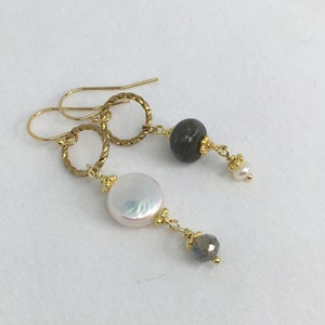 Asymmetrical Dangle Earrings, Facetes Labradorite, Smooth Labradorite, Coin Fresh Water Pearl, Vermeil spacers, 14k gold filled French Hooks