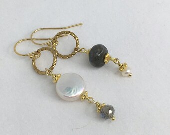 Asymmetrical Dangle Earrings, Facetes Labradorite, Smooth Labradorite, Coin Fresh Water Pearl, Vermeil spacers, 14k gold filled French Hooks