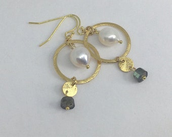 Fresh Water Pearl Focal Dangle Earrings, Brushed Vermeil Circle, Brushed Discs, Square Labadorite, 14k gold filled French Hooks,