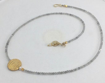 Faceted Labradorite Necklace, Sculpted Vermeil Round Focal, Pearl, Asymmetry, 14k gold filed Hook and Eye Clasp, Gemstones, Fresh H2o Pearls