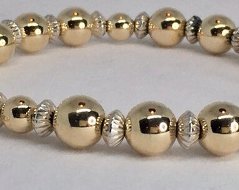 Gold Bracelet, 14k gold filled, Sterling Silver, Saki SS Toggle, Corrugated SS beads, Beaded bracelet, Designer Quality, Gold, Silver