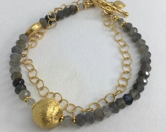 Faceted Labradorite Bracelet, Rondel, 14k gold filled Rope chain, Brushed Vermeil, SS, Focal, Asymmetry, Layered bracelet, Designer