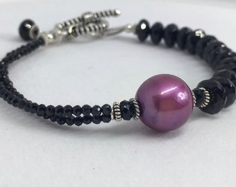 Bracelet, Purple Fresh water Pearl, Sterling Silver spiral Toggle, Black Spinel, Black Swarovski Crystals, Designer Quality, 7.5 in