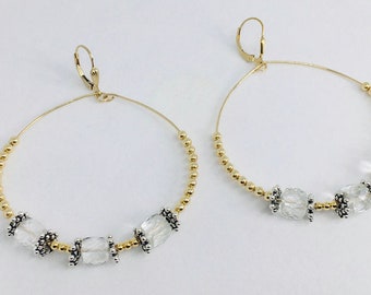 Earrings, Large Hoop, Crystal Quartz, Faceted, Square beads, Bali Sterling Silver, 14k gold filled Round beads, 14k gf Lever backs, 2.5in