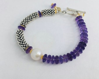 Bracelet, Fresh water Pearl focal, Faceted Amethyst, Sterling Silver Bali beads, Vermeil spacers, Sterling Silver Toggle, Designer Quality,