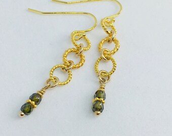 Olive green CZ 14k gf Dangle Earrings, Vermeil, French Hooks, Cubic Zirconia, Faceted beads, Designer Quality, Beaded Earrings, Gemstones