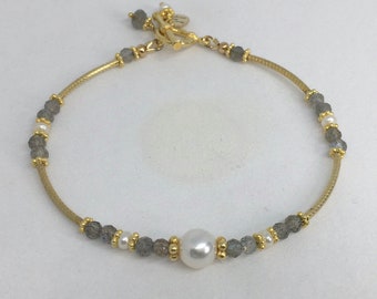 Akoya Pearl & Labradorite Bracelet, Faceted Labradorite, Akoya Pearl Focal, Vermeil Tubes, Button Pearls, Vermeil Toggle, Quality, Designer
