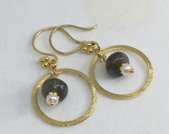 Vermeil French Hooks, Smooth Labradorite Dangle Earrings, Fresh Water Pearls, Brushed Vermeil Rings, Daisy spacers, Beads, Gemstones, Design