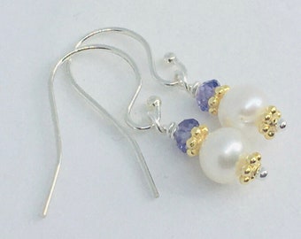 Earrings, Dangle earrings, Faceted Amethyst, Akoya Pearls, Vermeil, Sterling Silver French hooks, Designer Quality, 1 in