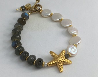 Bracelet, Coin Pearl, Vermeil, Star Fish, Focal Bead, Smooth Labradorite, Faceted, Fancy Toggle, Vermeil Daisy spacers, Handmade, Quality