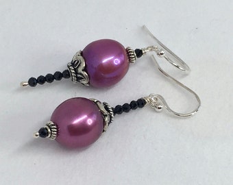 Earrings, Asymmetrical earrings, Black Spinel, Purple Fresh water pearls, SS bead caps, Sterling Silver French hooks, 1.5 in dangle