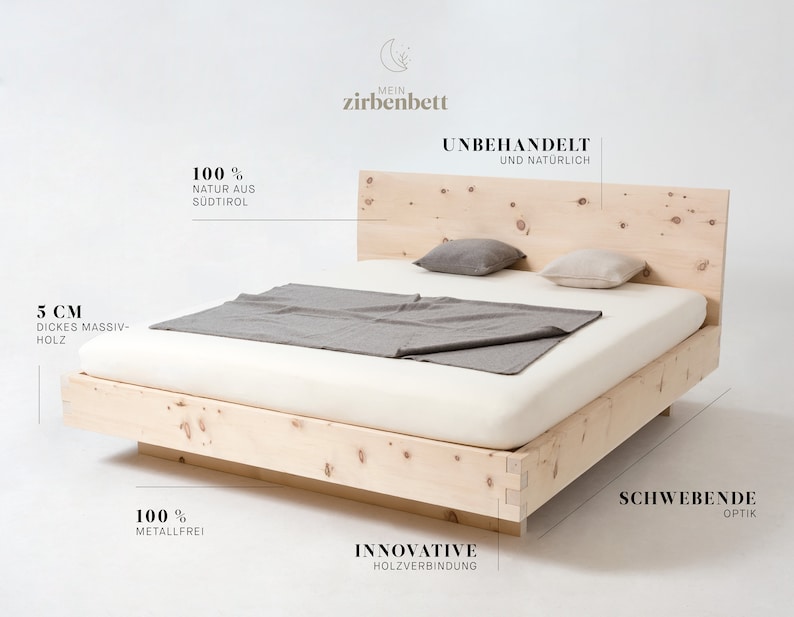 K&ouml;nnte beinhalten: Ein Bettrahmen aus unbehandeltem Kiefernholz. Der Bettrahmen ist 5 cm dick und verf&uuml;gt &uuml;ber ein schwebendes Design. Der Bettrahmen besteht aus 100% nat&uuml;rlichem Kiefernholz aus S&uuml;dtirol und ist metallfrei. Der Bettrahmen ist mit "Mein Zirbenbett" und "Unbehandelt und Nat&uuml;rlich" beschriftet.