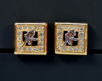 Pendientes vintage con logotipo cuadrado de Nina Ricci y detalles de diamantes de imitación.
