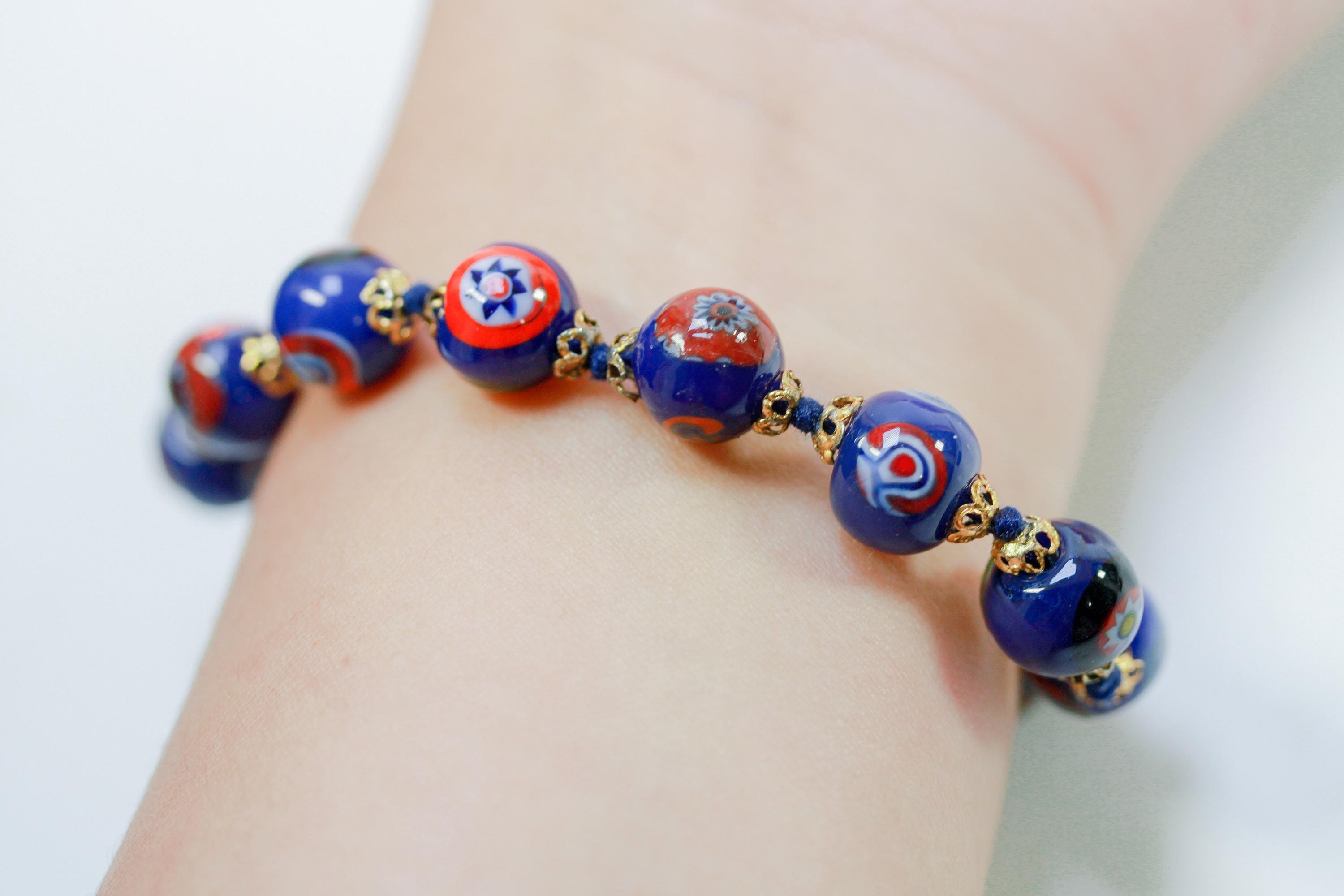 Bracelet Perles De Verre Murano Bleues Et Millefiori - Fermoir Bascule, Longueur 21-22 Cm