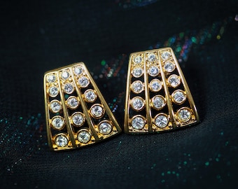 Vintage Swarovski gold-tone geometric fan earrings for pierced ears