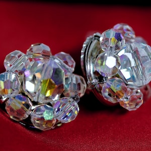 Vintage 1960s Aurora Borealis crystal cluster beaded clip-on earrings