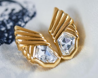 Swarovski signed S.A.L gold-tone crystal clip-on earrings | pleated Art Deco-style wing design