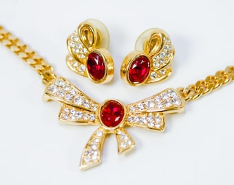 Vintage Vendôme demi parure glam cristal rojo pavé pendientes y collar