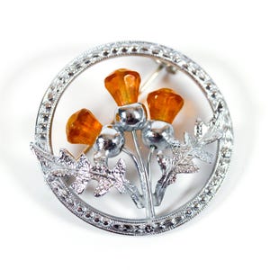 May include: A silver-toned brooch featuring a stylized thistle with three orange glass stones. The thistle is surrounded by a circular frame with a beaded edge.