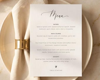 Wedding Menu Template - Minimalist Calligraphy Menu Card - Rehearsal Dinner, Editable, Printable, Digital Download