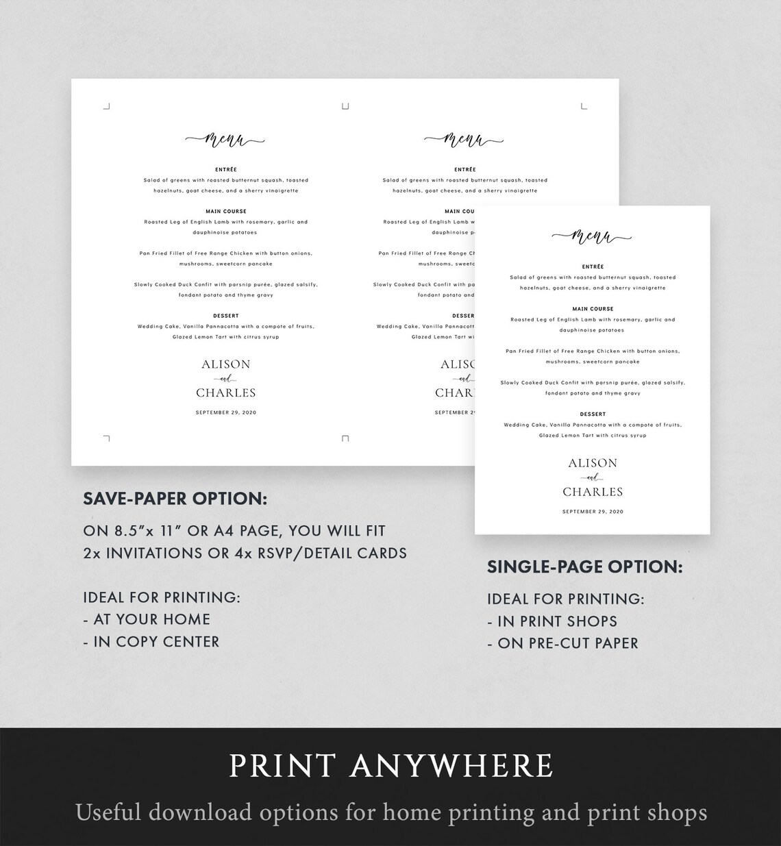 Wedding Menu Template Classic Formal Dinner Menu Card Etsy