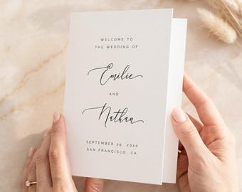 Folded Wedding Program Template - Minimalist Calligraphy Ceremony Order of Service Booklet - Editable, Digital Download