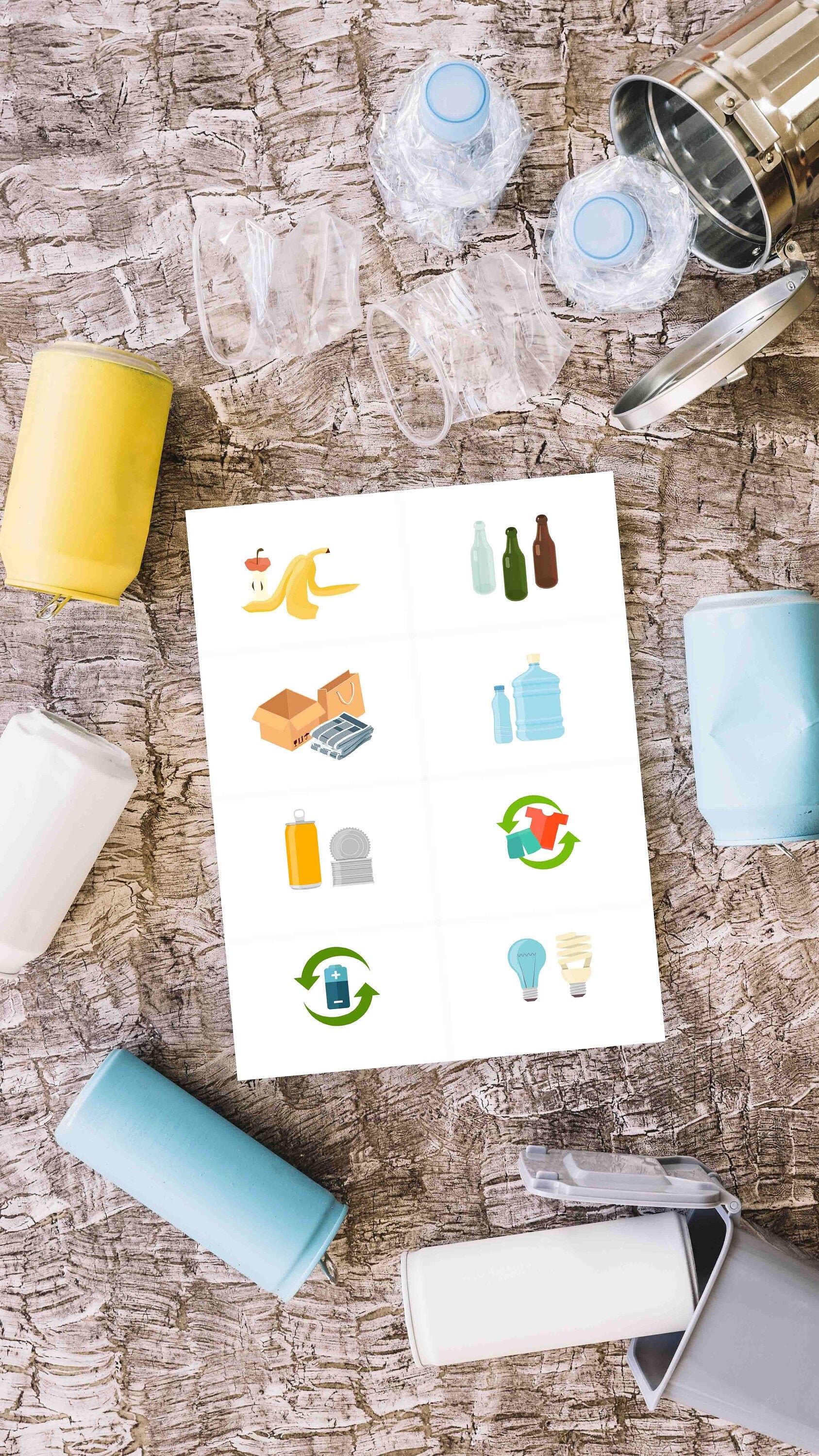 Planche Étiquettes Recyclage Déchets Autocollantes Prédécoupées