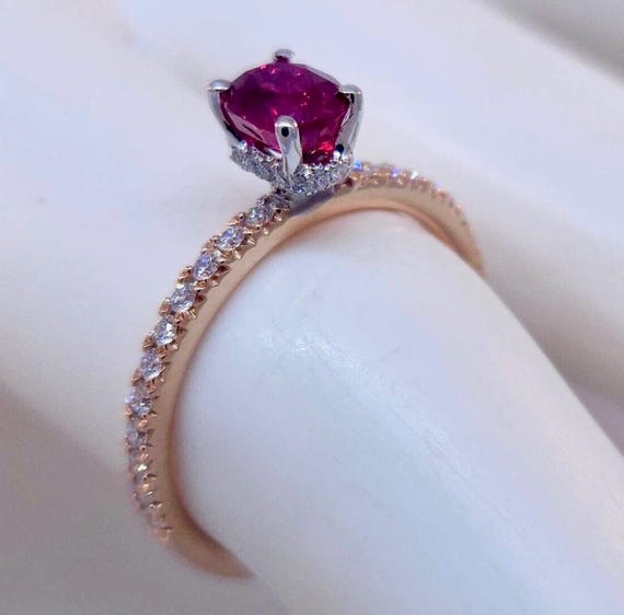 S. Kashi 14k Rose and White Gold Ruby Diamond Hidden Halo Engagement Ring