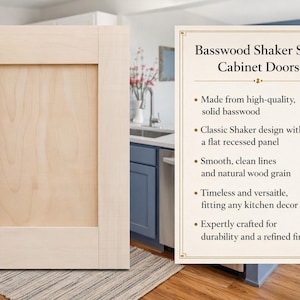 May include: A light-colored basswood shaker style cabinet door with a flat recessed center panel and visible natural wood grain. Next to it, a sign reads: Basswood Shaker Style Cabinet Doors, Made from high-quality, solid basswood, Classic Shaker design with a flat recessed panel, Smooth, clean lines and natural wood grain, Timeless and versatile, fitting any kitchen decor, Expertly crafted for durability and a refined finish.