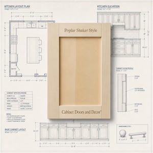 May include: A detailed architectural drawing of a kitchen layout, elevation, and cabinet door profile. The central focus is a Poplar Shaker Style cabinet door. The drawing includes dimensions in inches and cabinet specifications.