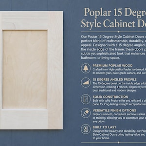 May include: A light-colored rectangular wooden cabinet door with a flat center panel and a frame featuring a 15-degree angled profile. The text reads: Poplar 15 Degree Style Cabinet Doors, Premium Poplar Wood, 15 Degree Angled Profile, Solid Construction, Versatile Finish Options, Built to Last.