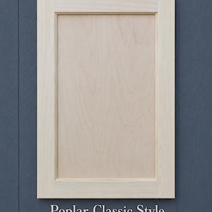 May include: A rectangular light-colored wooden cabinet door with a flat center panel and a simple frame border. The text "Poplar Classic Style" is printed in white at the bottom center, accompanied by a small decorative flourish underneath.