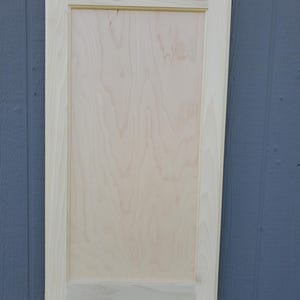 May include: A plain, unfinished, light wood cabinet door with a raised panel design.