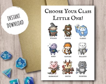 Dnd Baby Congratulations Printable Cards | Choose Your Class Little One Printable Cards | Digital Download Card