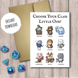 Dnd Baby Gefeliciteerd afdrukbare kaarten | Kies je klas Afdrukbare kaarten kleintje | Digitale downloadkaart