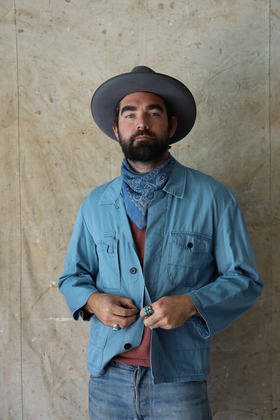 Vintage French Cotton Chore Coat in Rare Light Blu