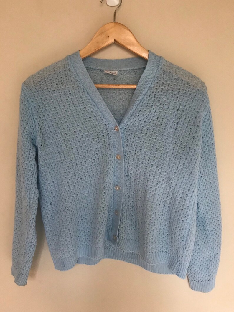 Vintage Pastel Blue Knitted Cardigan Knit Sweater 70s 80s