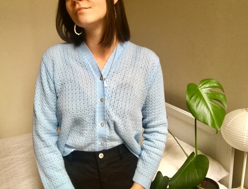 Vintage Pastel Blue Knitted Cardigan Knit Sweater 70s 80s