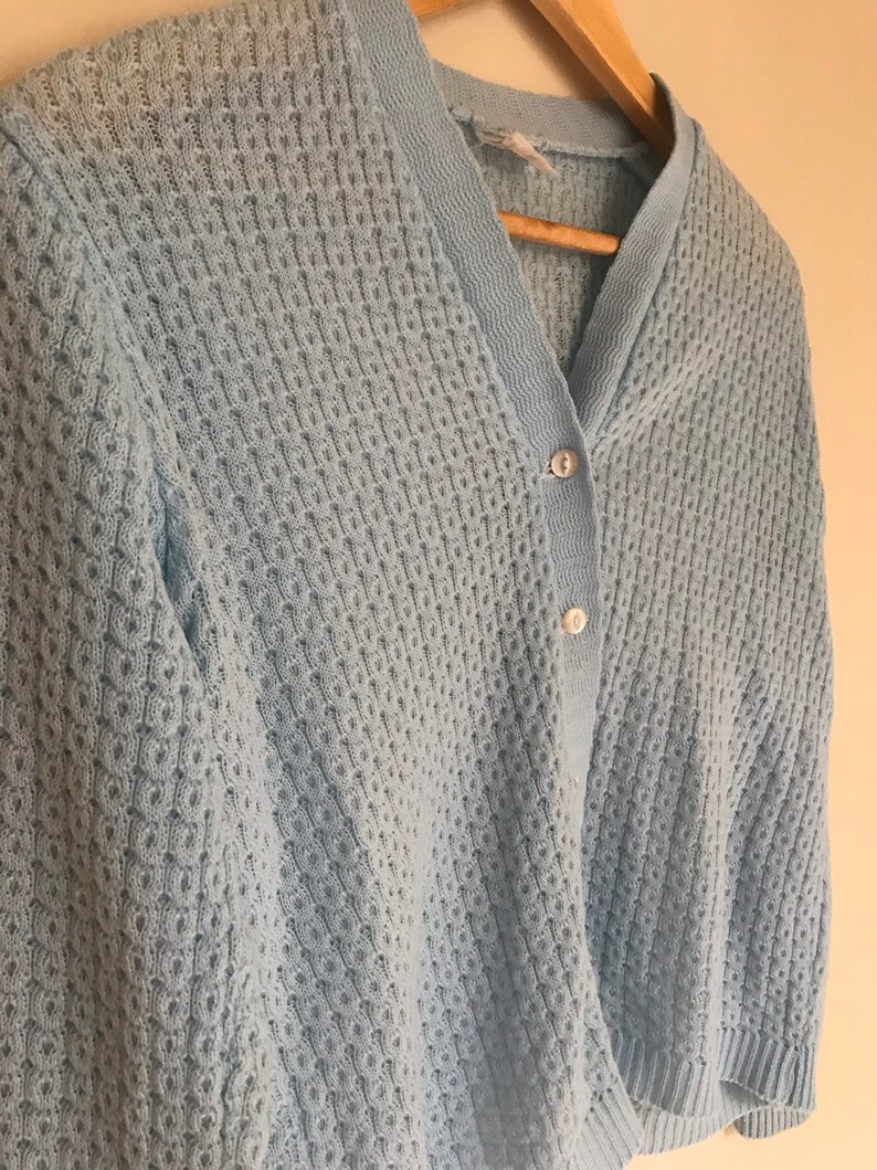 Vintage Pastel Blue Knitted Cardigan Knit Sweater 70s 80s