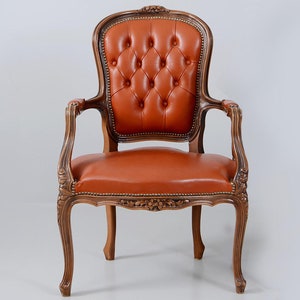 Chesterfield Vermillion Red Leather French Louis XV Style furniture | Tufted Back Fauteuil Armchair | Chaise de Style Louis XV Bergere