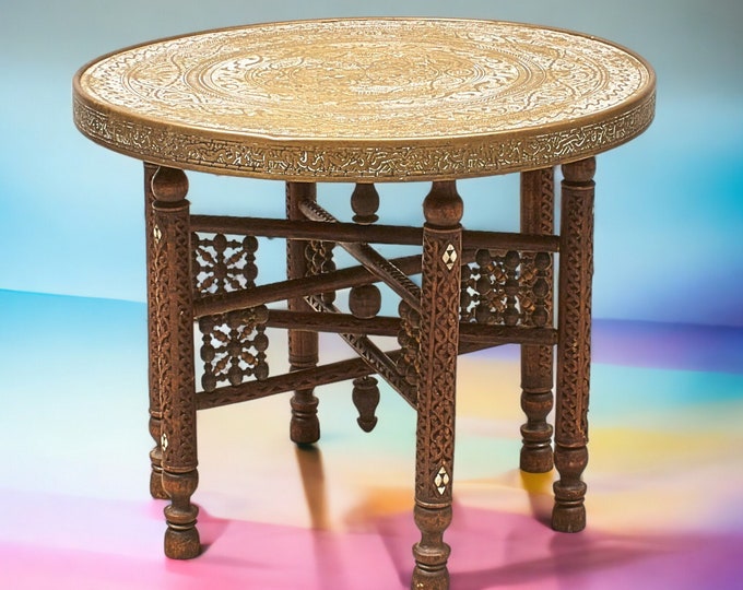 Big Vintage Tea Table 1920s | Cocktail Wine Table Furniture | Copper Tabletop | Brass on wooden base | Mother of Pearl