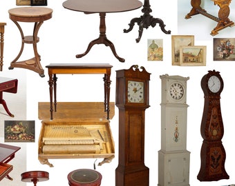 May include: A collection of antique furniture, including chairs, tables, clocks, and a piano. The furniture is made of wood and has a variety of styles and finishes.