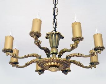 Ornate Antique Vintage 8 Arms Cast Bronze Chandelier Ceiling Light Pendant Lighting Lamp Empire Mid Century  from 1940