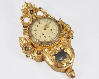 Antique Westerstrand Swedish Rococo Gilt Carved Wood Cartel Wall Clock with pendulum 31 x 52 cm